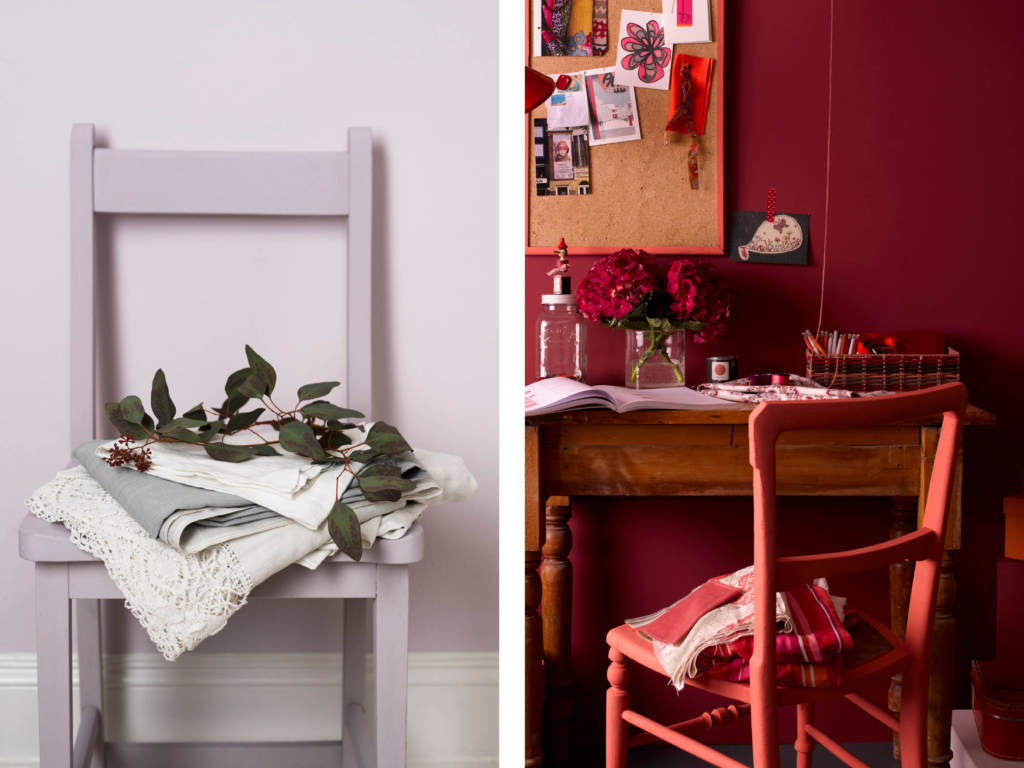 Ideas for painting chairs in eco friendly Earthborn paint colours Eiderdown lilac and Riding Hood red