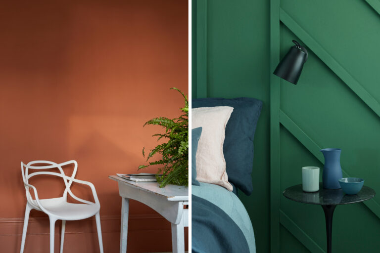 Orange wall and table set next to a green panelled wall with a bed and side table.
