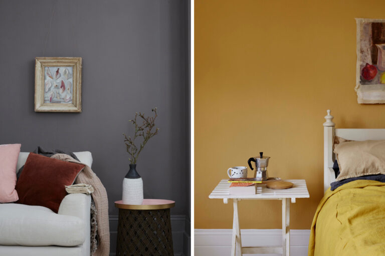 Split image showing a grey wall with a cream couch and yellow wall with a white bed.
