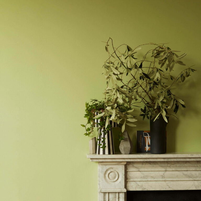 Grasshopper wall next to a fireplace.
