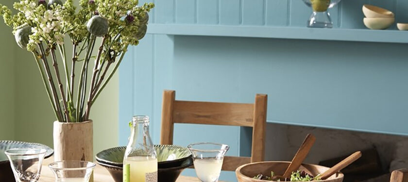 Dining Room ft. walls in Cricket and woodwork panelling in Polka Dot