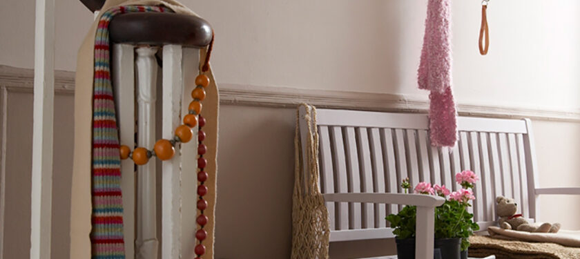 Hallway ft. lower wall in Muddy Boots and upper wall in Feather Pillow with bench in Eyebright