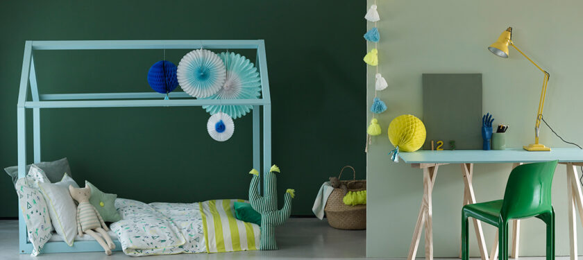 Nursery .ft wall in Milk Jug and Sapling, cot in Hobby Wood