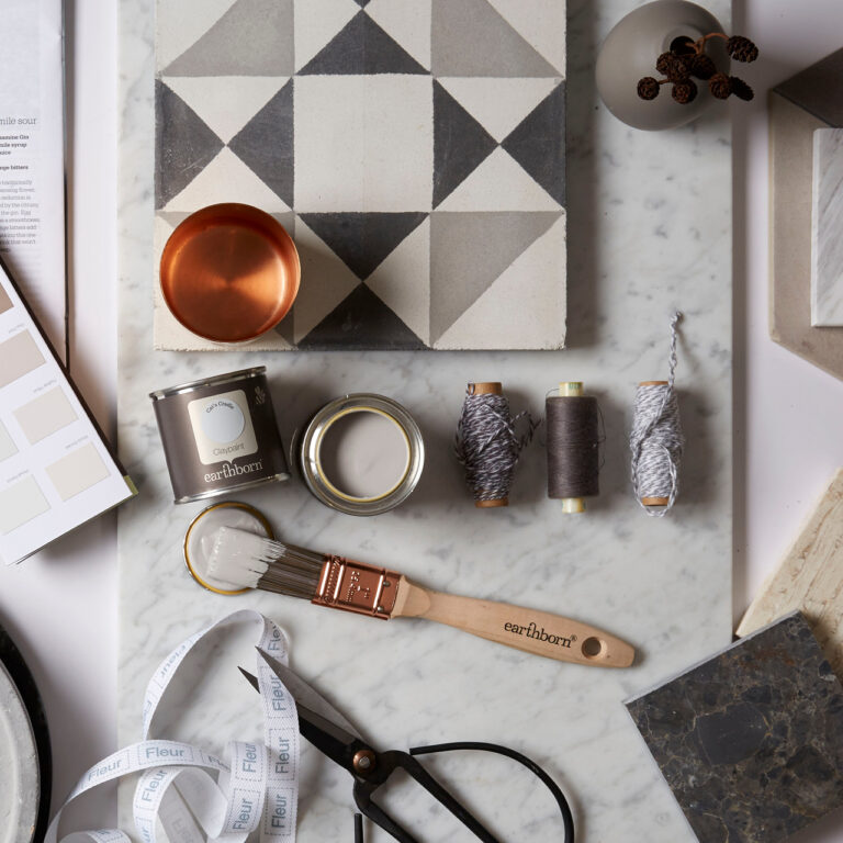 Earthborn moodboard featuring warm grey paint colour Cat's Cradle