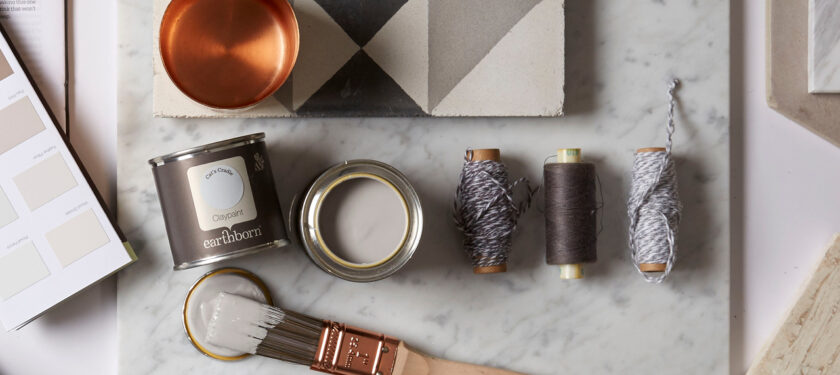 Earthborn moodboard featuring warm grey paint colour Cat's Cradle