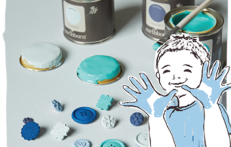 Buttons mood board with young boy illustration