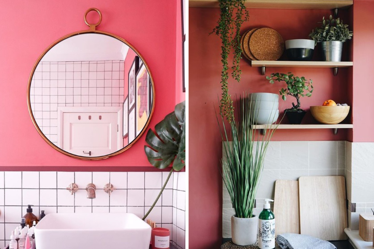 Emma Jane Palin opted for Delilah in her bathroom where it has a bright coral tone (left), whereas in At Home with Egg's kitchen it appears a more earthy shade of pink (right)