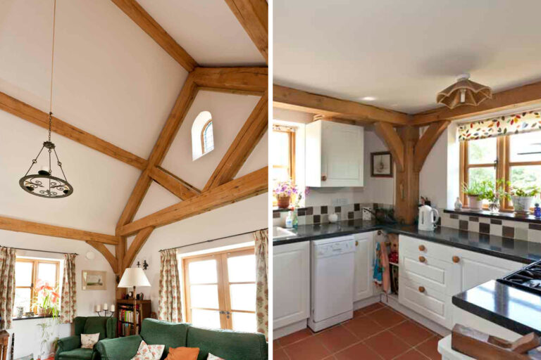 Wooden beams used in a kitchen and lounge.
