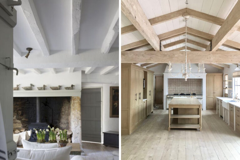 Split image of wooden beams in homes.