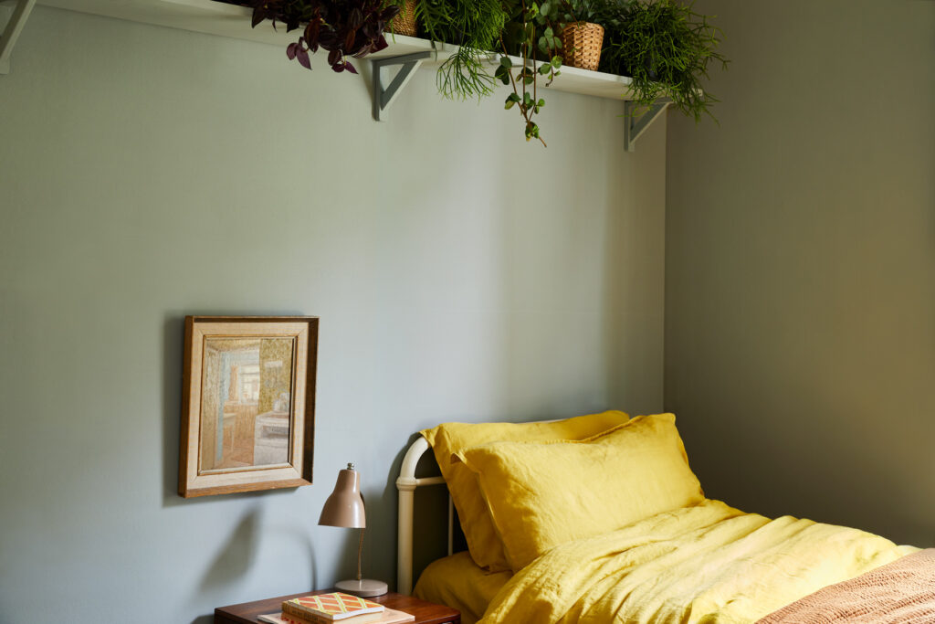 A relaxed yet elegant shade, Grassy is a grey-green paint colour that's ideal with bold mustard tones