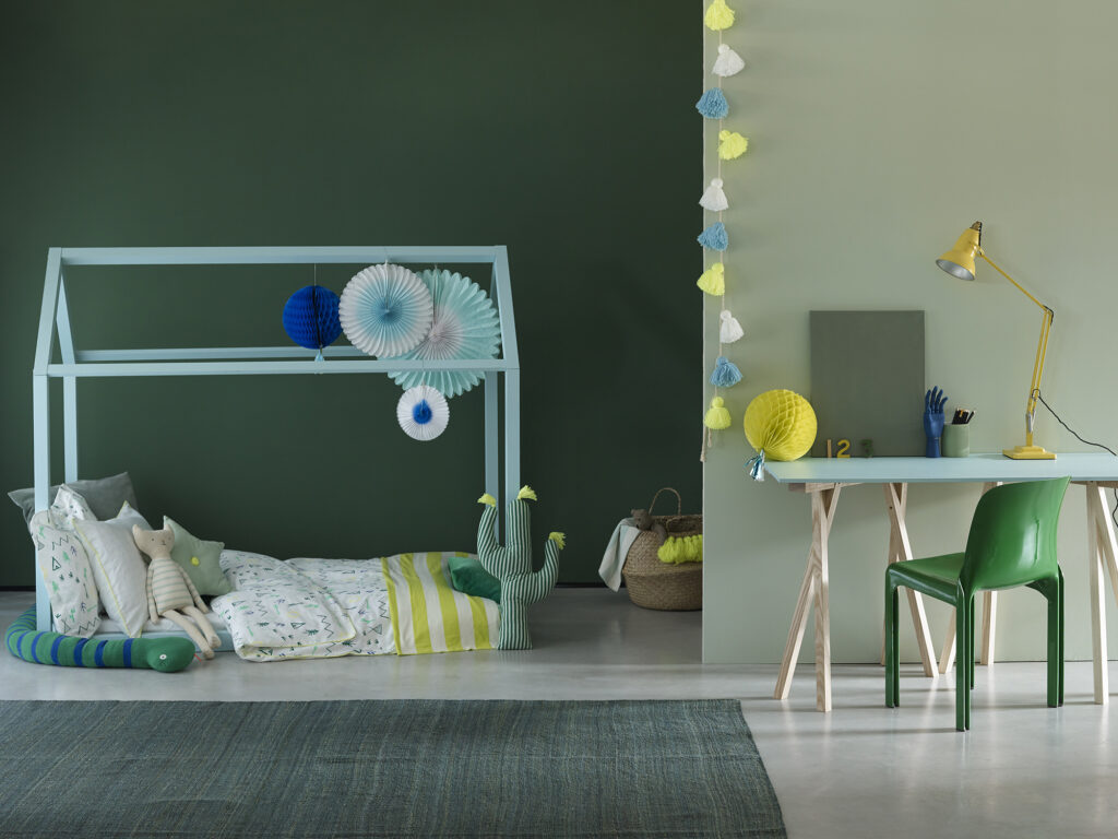 Kids room walls painted in Hobby Wood & Sapling with house bed painted in Milk Jug