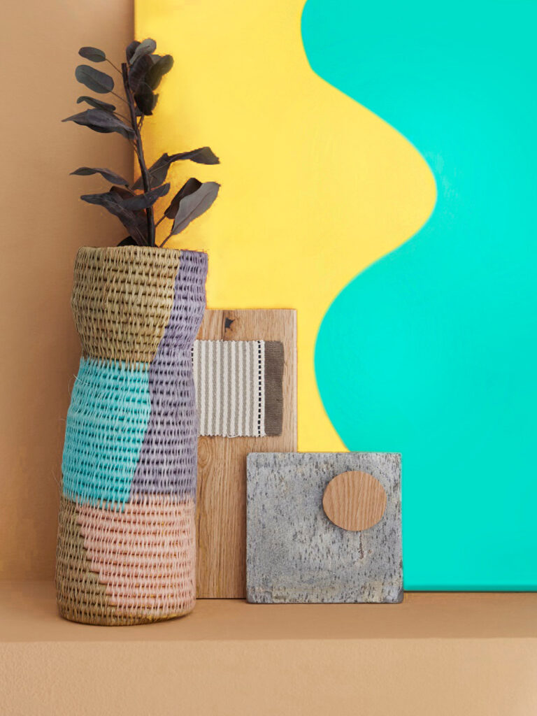 Daisy Chain and The Lido used to make a fun colour block. Freckle is used on the walls with Rosie Posie and Inglenook on the vase.