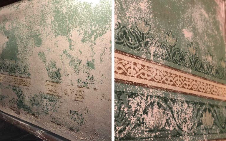 The before photos of a restoration of a decorative pattern on a Churches walls.