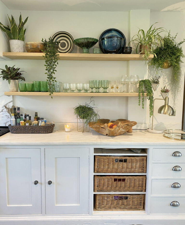 Open shelves with glasses, dishes and plants above a kitchen counter.