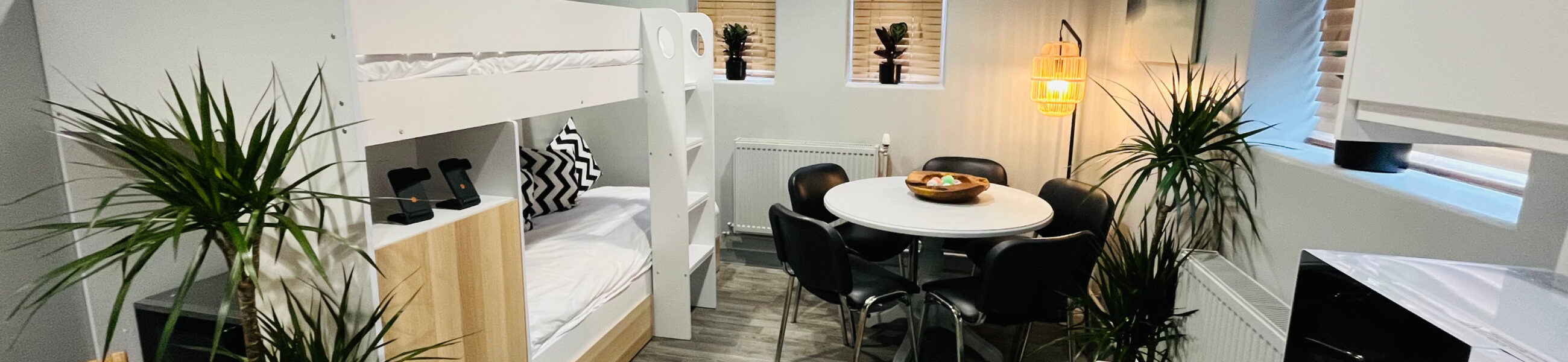 Close up of an open plan apartment and living space.