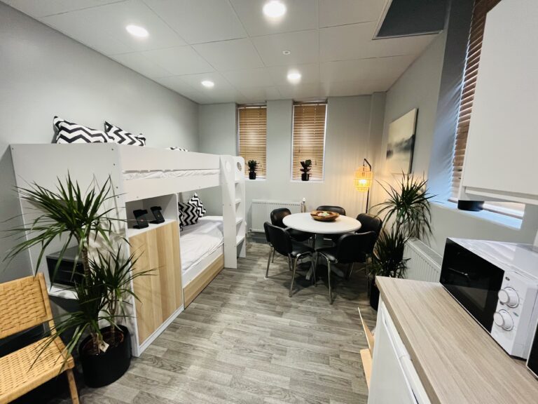 Small grey open plan apartment, showing good usage of space.