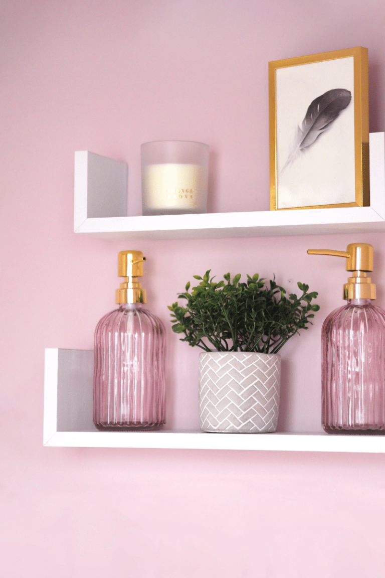 Pink wall with two shelves displaying objects.