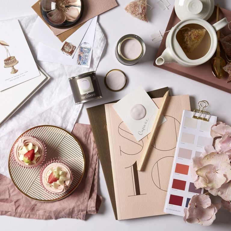 Soft pink mood board with cupcakes, teapot and arts and crafts.