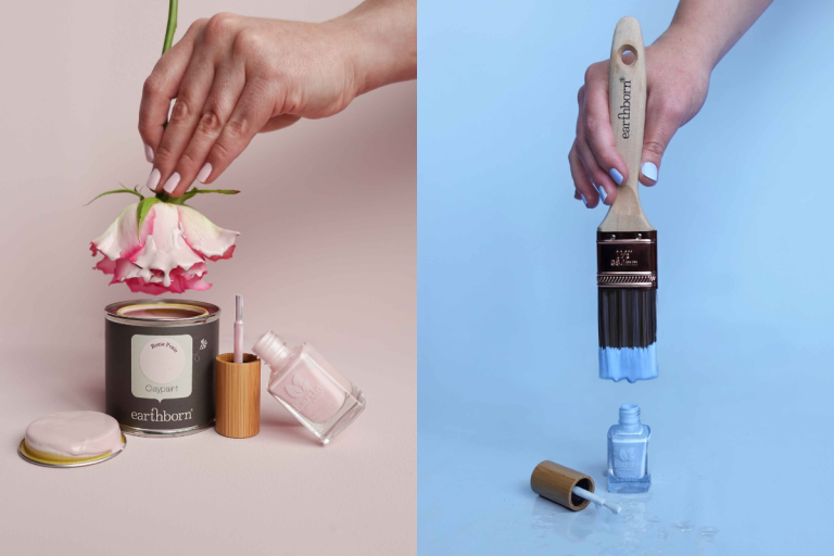 Rose used as paint brush in Earthborn paint tin with Maya's Rose Earthy Nail Polish. Earthborn paint brush dipped in Icelandic Blue Earthy Nail polish.