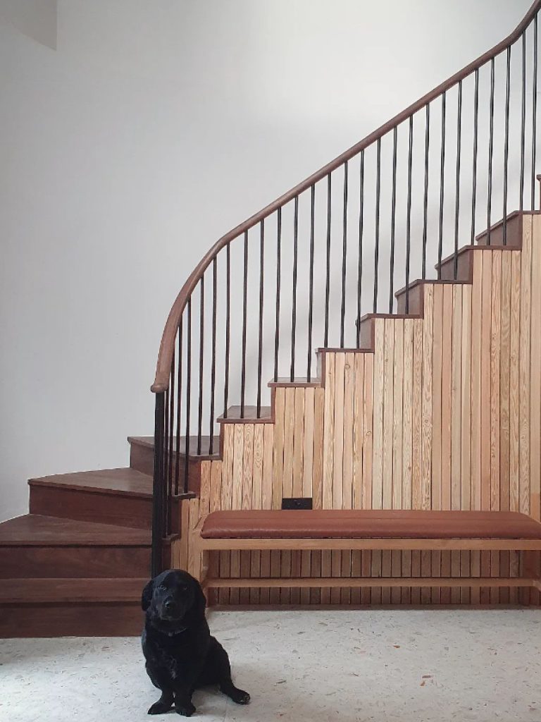 A wooden staircase with a black dog at the bottom of the stairs.