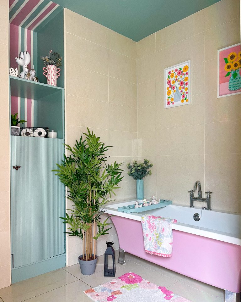 Splashing and Gosh Golly painted in a colourful bathroom.