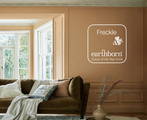 Colour of the Year 2026 Freckle painted on the wall in a living room with a couch.